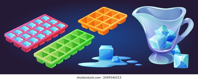 Plastic tray for ice cube making, melting frozen water block and glacier pieces in glass pitcher. Cartoon vector illustration set of pink, orange and green silicone equipment icebox for freezer. svg
