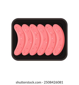 Plastic tray with meat sausages, top view of black rectangular container vector illustration