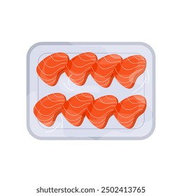 Plastic tray with pieces of fish in two rows, top view of plate with film wrap vector illustration