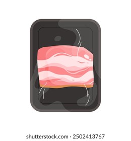 Plastic tray with pork belly slice, top view of black container wrapped in transparent film vector illustration
