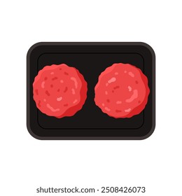 Plastic tray with raw meatballs from minced meat, top view of black rectangular container vector illustration