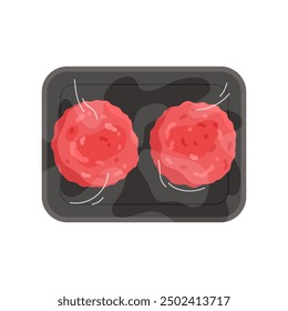 Plastic tray with raw meatballs, top view of black container wrapped in transparent film vector illustration