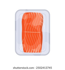 Plastic tray with salmon fillet, top view of white plate with film wrap and fish vector illustration
