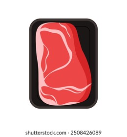 Plastiktablett mit streaky Rinderfilet, Draufsicht auf schwarzen rechteckigen Behälter und rotem Fleisch, Vektorgrafik