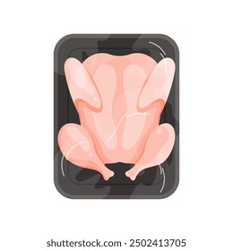 Plastic tray with whole chicken, top view of black container wrapped in transparent film vector illustration
