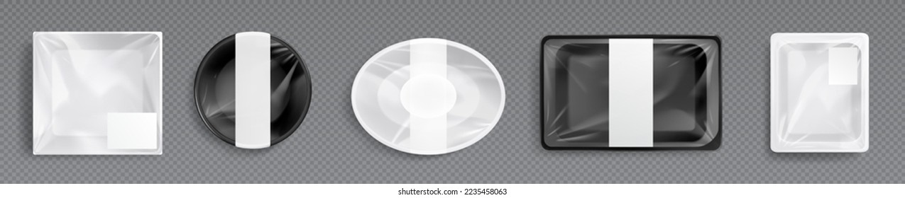 Plastic trays for food, empty styrofoam black and white containers with transparent film wrapper. Mockup of polystyrene package for lunch, meal and fresh products Realistic 3d vector illustration, set