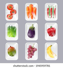 Plastic trays with fresh fruits and vegetables with wrapping by transparent film. Vector cartoon set of package fresh food in styrofoam containers in supermarket and store