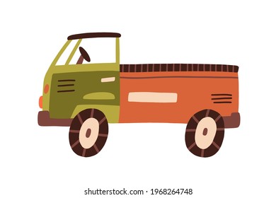 Plastic truck toy with cabin, bed, and wheels. Side view of childish lorry. Industrial car for shipment. Colored flat vector illustration of transport isolated on white background