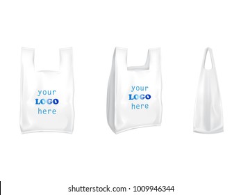 Plastic T-shirt shopping bags vector isolated realistic white blank templates for branding. 3D illustration of T-shirt plastic shop packaging model mockup with handles front and side view