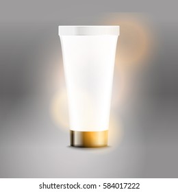 Plantilla de vector de publicidad de tubos plásticos. Plantilla de botella de crema para el logotipo de la marca y fondo brillante