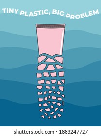 The plastic tube breaks up into small pieces. Microplastics in water from mismanaged plastic waste. Marine and ocean plastic pollution. Global environmental problems. Hand drawn vector illustration.