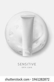 Plastic tube container on foam soap drop. Template cosmetic poster design. Concept delicate cleanser. White blank shampoo packaging realistic vector illustration, isolated 