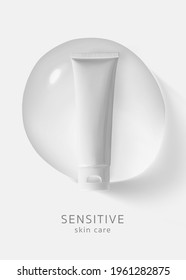 Plastic tube container on water drop. Template cosmetic poster design. Concept moisturizer. White blank cream packaging realistic vector illustration, isolated 