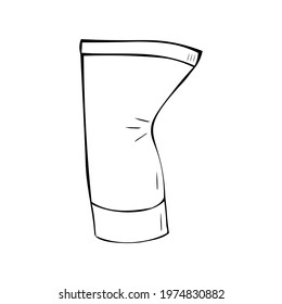 Plastic tube of cosmetics - cream or gel used crumpled on the side, Isolated vector illustration, simple cartoon line art.