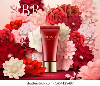 Plastic tube product ads with beautiful paper flowers decoration in 3d illustration, pink and red tone