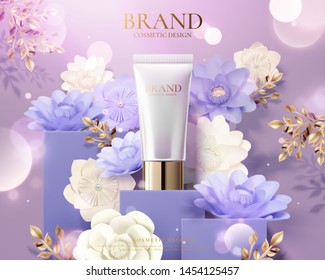 Plastic Tube Product Ads With Light Purple Paper Flowers Decoration And Glitter Effect In 3d Illustration
