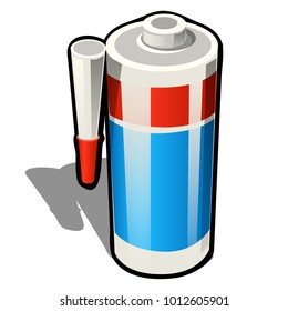 Plastic tube of silicone sealant or glue isolated on white background. Vector cartoon close-up illustration.