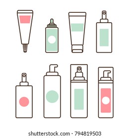Plastic tubes and bottles with dispensers full of natural skincare means isolated minimalistic cartoon vector illustrations set on white background.