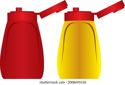 Tubos de plástico para ketchup y mostaza con tapas abiertas.