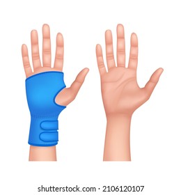 Plastic two sided wrist splint with convenient hook and loop straps with orthopedic tool. Hand isolated on white background. 3D vector EPS10.