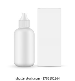 Plastic unicorn dropper bottle with cardboard box mockup, front view, isolated on white background. Vector illustration