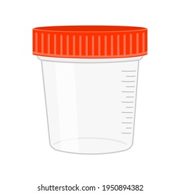 Contenedor de prueba de orina plástica. Vaso estéril de espécimen para análisis de orina aislado sobre fondo blanco. Ilustración plana vectorial.