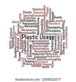 Plastic Usage Word Cloud. Composition of Words Related to Plastic Usage Pros and Cons. Isolated White Background.