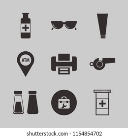 plastic vector icons set. with atm location, printer, sunglasses and pills bottle in set