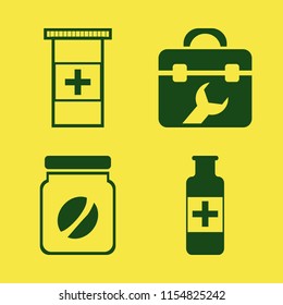 plastic vector icons set. with coffee jar, pills bottle, medicine bottle and toolbox in set