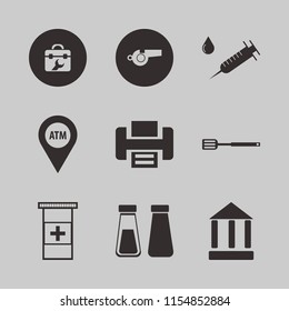 plastic vector icons set. with pills bottle, whistle, syringe and salt pepper shaker in set