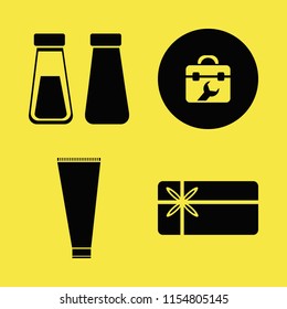 plastic vector icons set. with salt pepper shaker, gift card, toolbox and cream tube in set