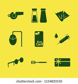 plastic vector icons set. with syringe, computer mouse, salt pepper shaker and flippers in set
