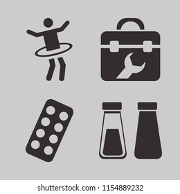 plastic vector icons set. with toolbox, blister pack, salt pepper shaker and gymnastic hula hoop in set