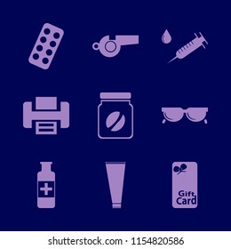 plastic vector icons set. with whistle, sunglasses, medicine bottle and coffee jar in set
