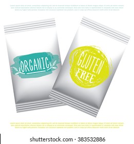 Plastic  vegetarian and raw food diet designs pack. Vector illustrated bio detox meal package. Foil organic products packaging template.  