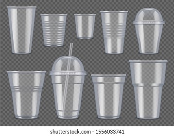 Plastic vessel. Transparent cups and mugs for drinks food bag for juice and coffee vector 3d realistic mockup