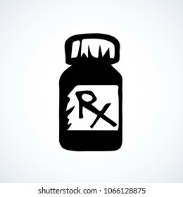 Plastic vial pack isolated on white background. Web outline cartoon logo concept. Freehand linear black ink hand drawn healthcare emblem pictogram sketchy in retro doodle graphic style pen on paper