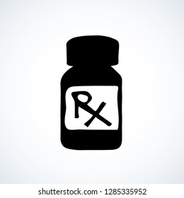 Plastic vial pack isolated on white background. Web outline cartoon logo concept. Freehand linear black ink hand drawn healthcare emblem pictogram sketchy in retro doodle graphic style pen on paper