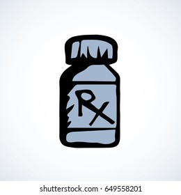 Plastic vial pack isolated on white background. Outline cartoon med logo concept. Freehand linear black ink hand drawn emblem sketchy in retro doodle graphic style pen on paper
