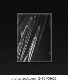 Plastic or vinyl wrap texture with wrinkles. Realistic shrink polyethylene sleeve, cling film bag. Vector PVC rectangle frame with smooth glossy surface for transparent overlay package mockup