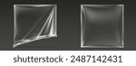 Plastic vinyl wrap with wrinkles and overlay effect on transparent background. Realistic 3d vector illustration set of closed and ajar open square cellophane film bag cover with shrink texture.