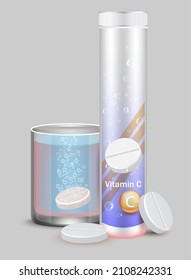 Plastic vitamin tablet tube with cap mockup, glass of water with fizzy pill and sparkling bubbles, vector illustration. Effervescent soluble tablets.