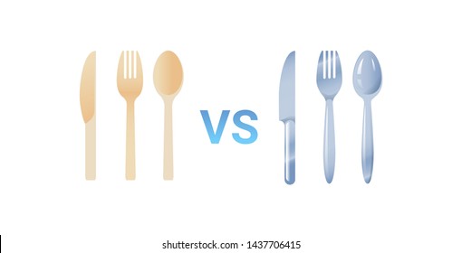 plastic vs stainless steel spoon fork and knife cutlery set zero waste concept flat white background