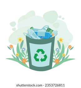 Plastic waste is collected in a container for future recycling, and plants growing in a clean environment. Take care of the environment. Sorting, recycling and disposal of garbage. Vector illustration