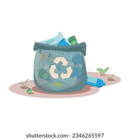 Plastic waste is collected in a garbage bag for further processing. Take care of the environment. Sorting, recycling and disposal of waste. Vector illustration isolated on white background