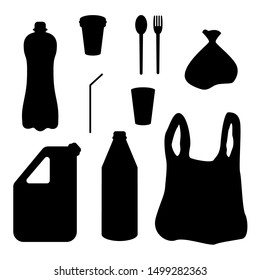 Plastic waste collection on white. Plastic bottles and another garbage, non-recyclable trash vector illustration