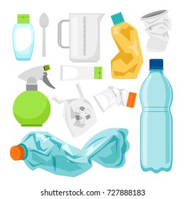 Сбор пластиковых отходов на белом. Пластиковые бутылки и другой мусор, неперерабатываемый мусор вектор иллюстрации