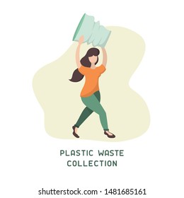 Plastic waste collection placard concept with girl collects trash. Flat style vector illustration