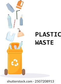 Kunststoffabfälle. Behälter für Kunststoff. Taschen, Flaschen, Plastikbehälter, verschiedene Behälter und Plastikstrohhalme. Sortieren von Abfällen für das Recycling. Vektorgrafik
