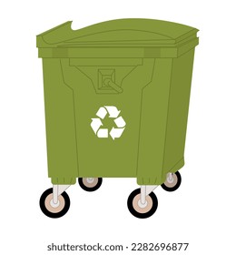 Plastic waste container on wheels. Containers for waste disposal. Garbage bins. Design for waste collection companies. City cleaning. Flat style in vector illustration. Isolated objects. 